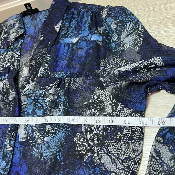 East 5th Blouse Button Up Womens L Semi Sheer Black Blue Abstract Long Sleeve - Picture 11 of 13